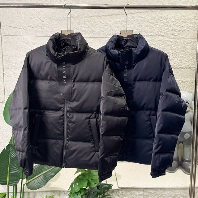 Prada unisex stand-up collar down jacket, couple style, business casual, thick a