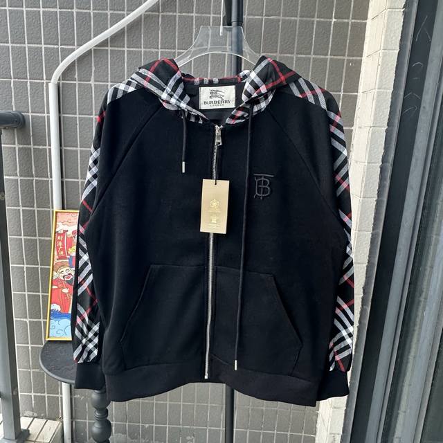 Style Number: Tt115 Burberry Embroidered Logo Patchwork Plaid Zip-Up Hooded Swea