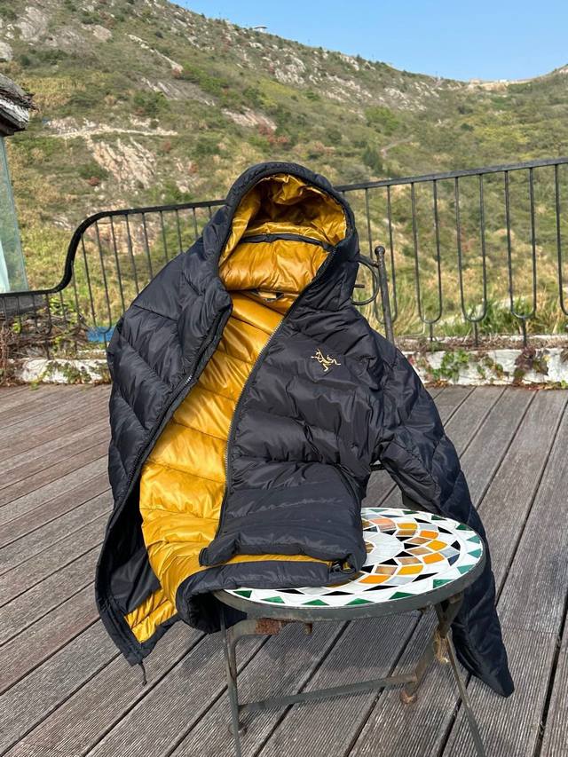 Arc'teryx Thorium Black and Gold Down Jacket, Unisex Hooded Outerwear, Gold Labe