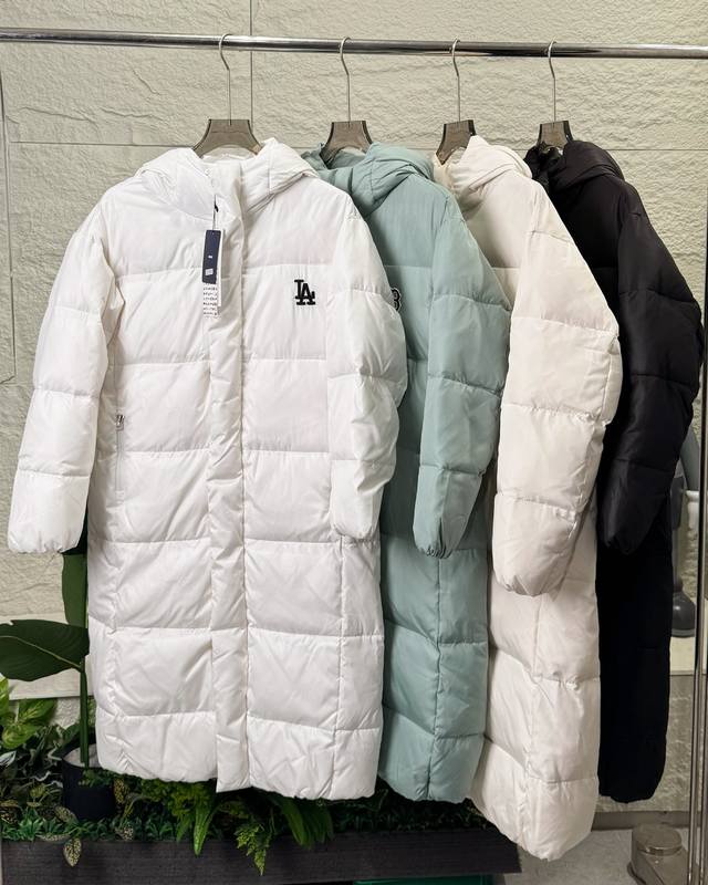 Mlb Ny unisex long hooded down jacket with large Ny logo on the back, matching w