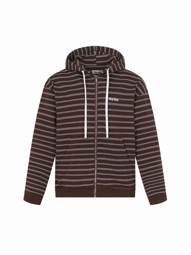 Miumi* Miu Miu 25Ss New Striped Logo Embroidered Hooded Zip-Up Jacket (Ddd) Made