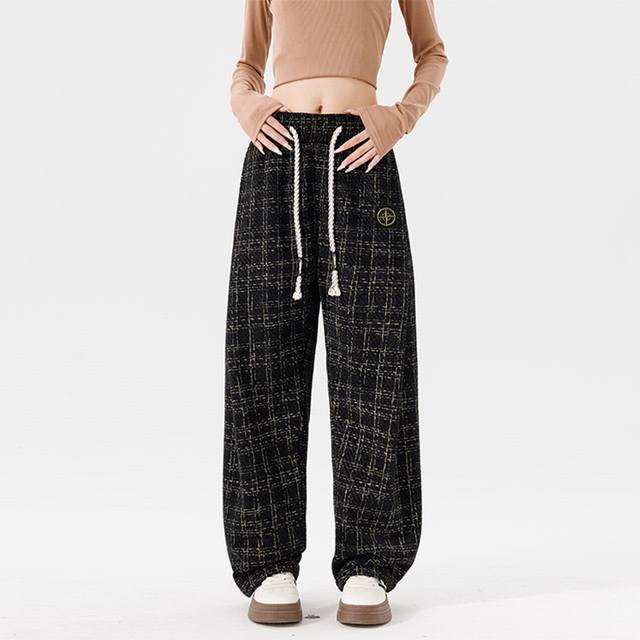 Stone Island New American Plaid Casual Pants, Versatile Cargo Pants, Floor-Lengt