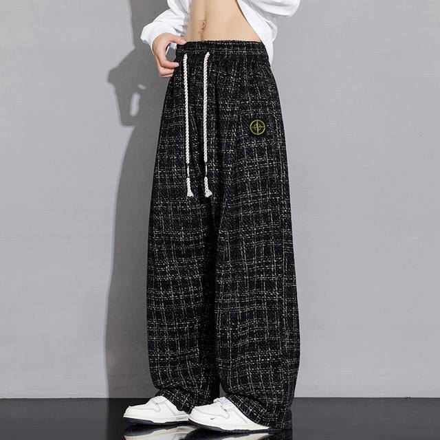 Stone Island New American Plaid Casual Pants, Versatile Cargo Pants, Floor-Lengt
