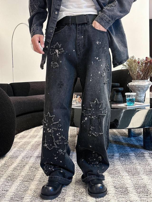 Cro denim distressed washed trousers with 3D embroidered cross patches on the fr
