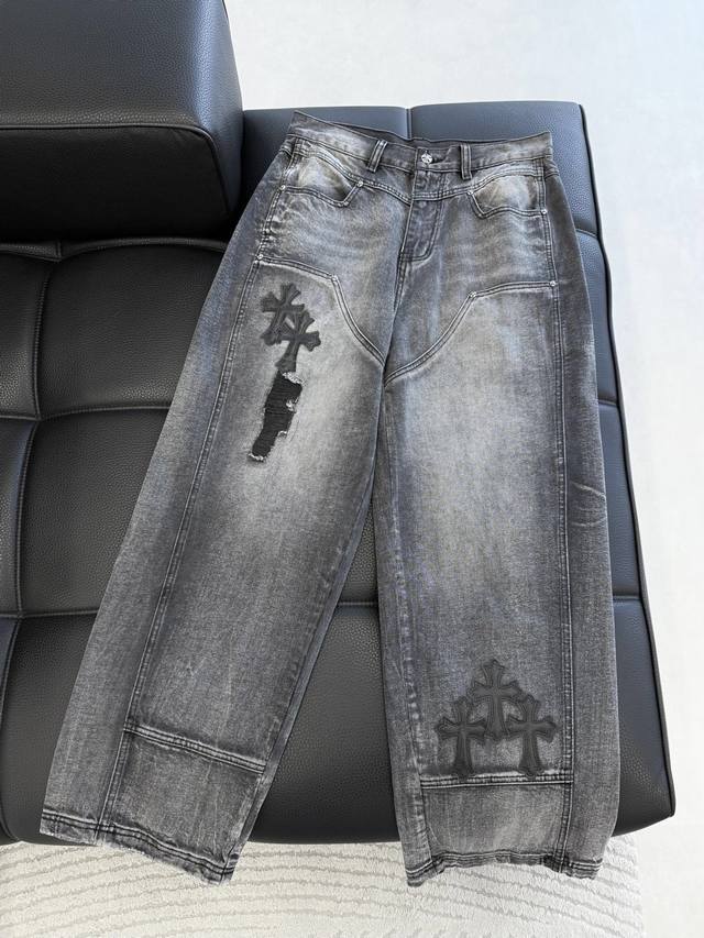 High-end custom-made pure cotton denim trousers with leather patchwork and cross