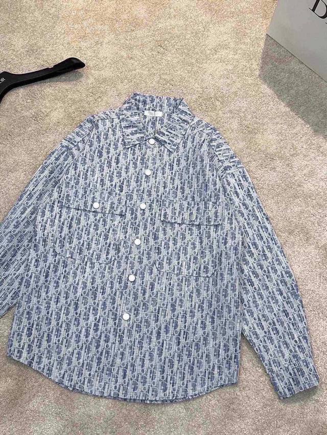 Dior woven striped bamboo pattern print loose-fitting washed denim shirt/jacket.