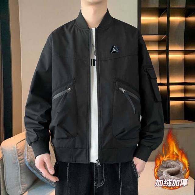 Fleece-lined and thickened Air Jordan winter jacket, matching short style, baseb
