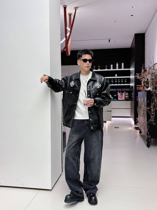 Jacket, Chrome Hearts new casual washed protein leather jacket, custom-molded ha