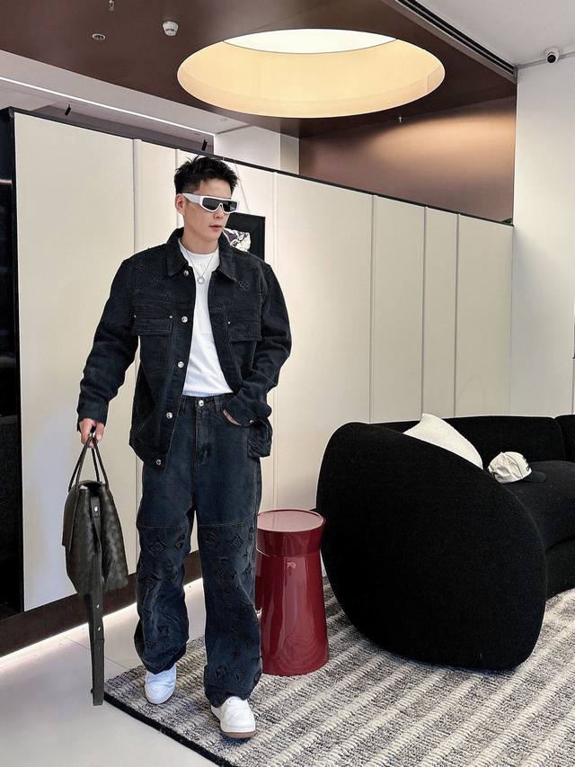 New Lv Hand-Distressed All-Over Logo Print Jacket. Made entirely of custom-woven