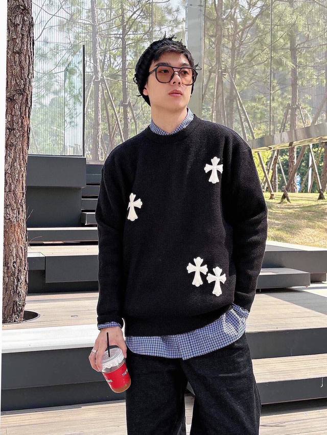 Ch Chrome Hearts, High-End Customization! Chunky Knit Crew Neck Sweater with Lea