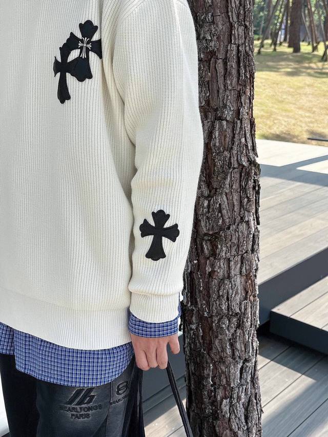 Ch Chrome Hearts, High-End Customization! Chunky Knit Crew Neck Sweater with Lea