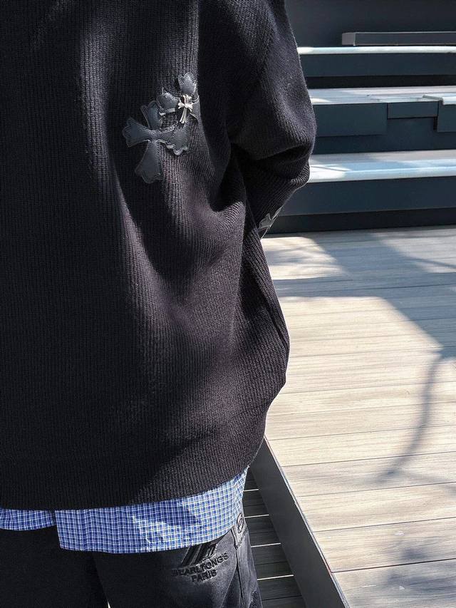 Ch Chrome Hearts, High-End Customization! Chunky Knit Crew Neck Sweater with Lea