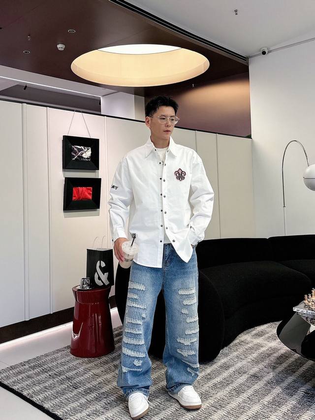 Shirt and trousers. Chrome Hearts patchwork embroidered shirt jacket, unisex fit