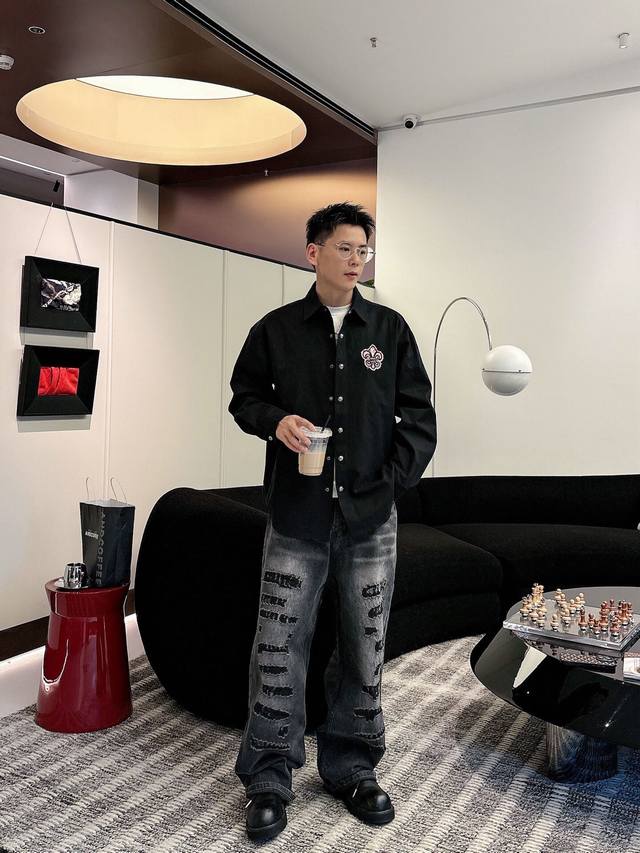 Shirt and trousers. Chrome Hearts patchwork embroidered shirt jacket, unisex fit