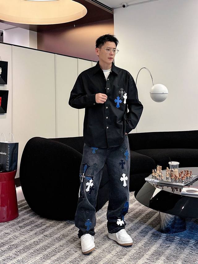 Clothes, Pants. Chrome Hearts Cross-Patterned Leather Shirt Jacket, Os Style, un