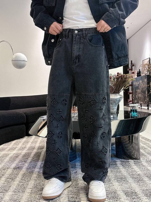 Pants Lv New Hand-Distressed Distressed Jeans with All-Over Logo Print. Made ent