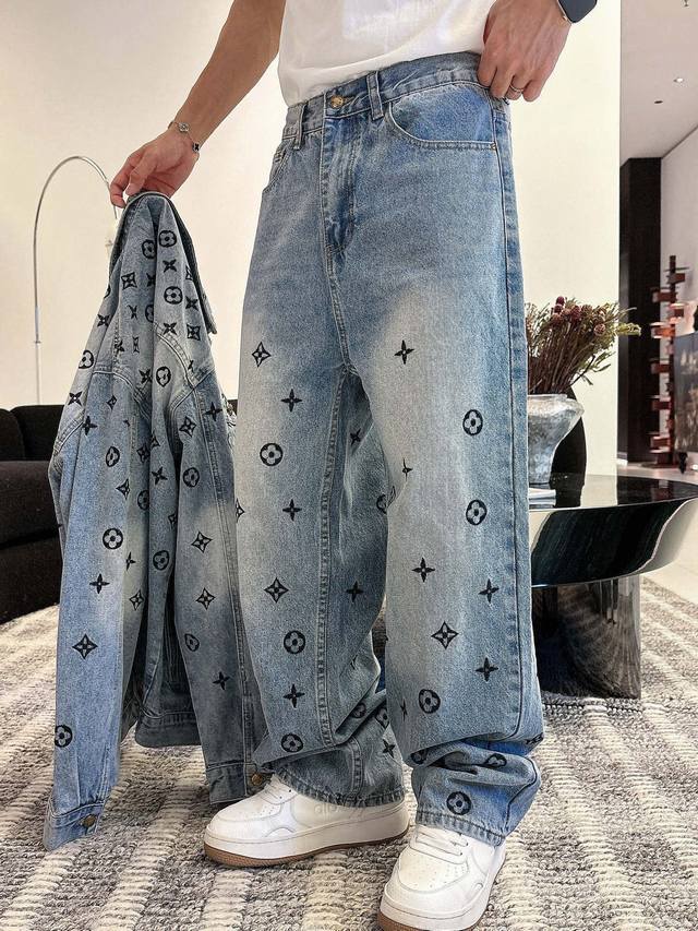 Pants Lv New style 3D embroidered all-over logo denim trousers. Made entirely of