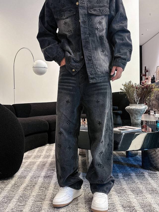 Pants Lv New style 3D embroidered all-over logo denim trousers. Made entirely of