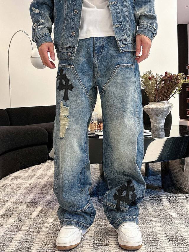 Pants, patchwork leather cross-patterned denim washed long pants, high-end custo