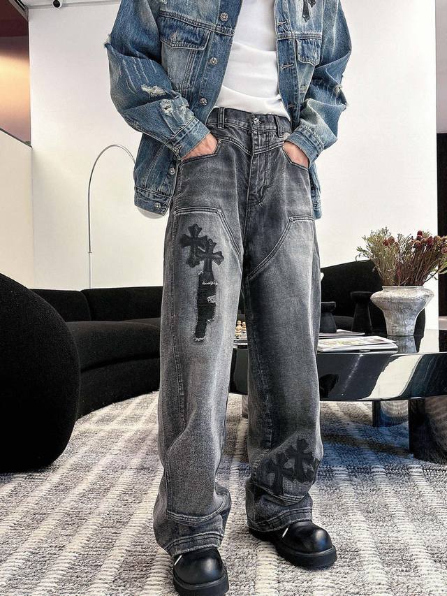 Pants, patchwork leather cross-patterned denim washed long pants, high-end custo