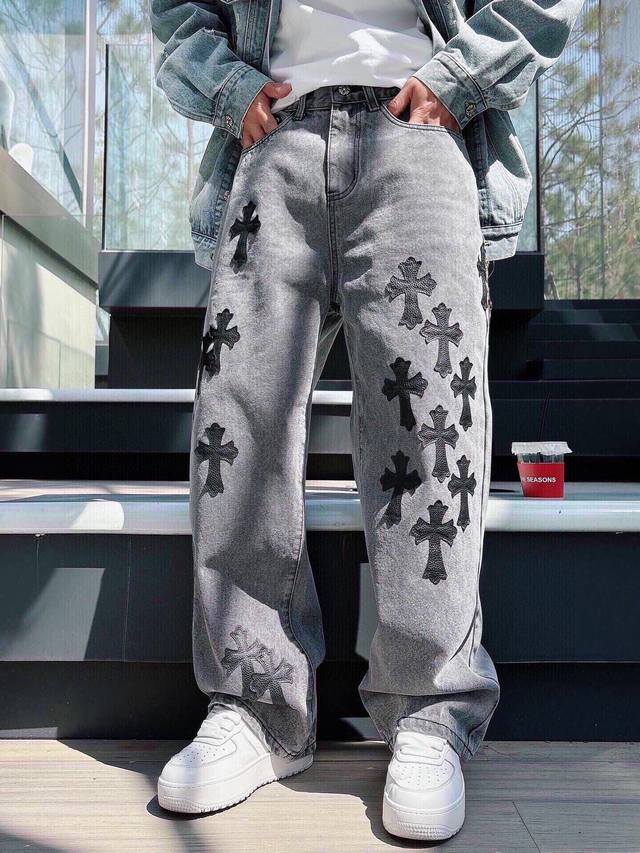 Chrome Hearts Limited Edition Black and White Patchwork Leather Washed Denim Jea