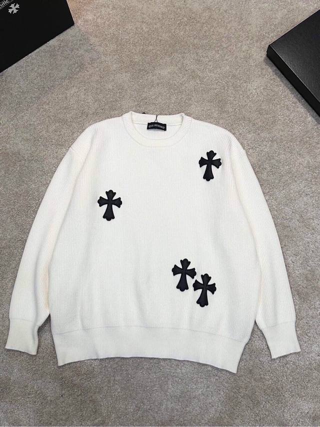 Ch Chrome Hearts, High-End Customization! Chunky Knit Crew Neck Sweater with Lea
