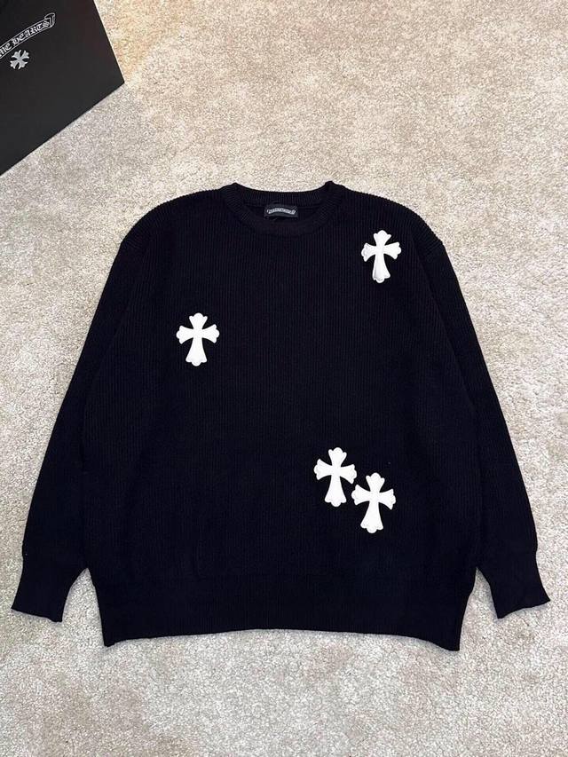 Ch Chrome Hearts, High-End Customization! Chunky Knit Crew Neck Sweater with Lea