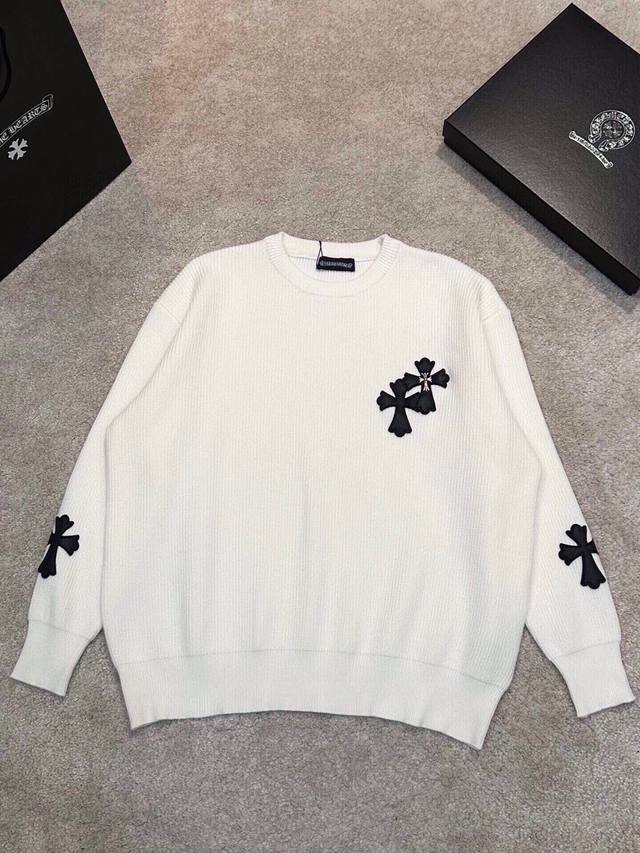 Ch Chrome Hearts, High-End Customization! Chunky Knit Crew Neck Sweater with Lea