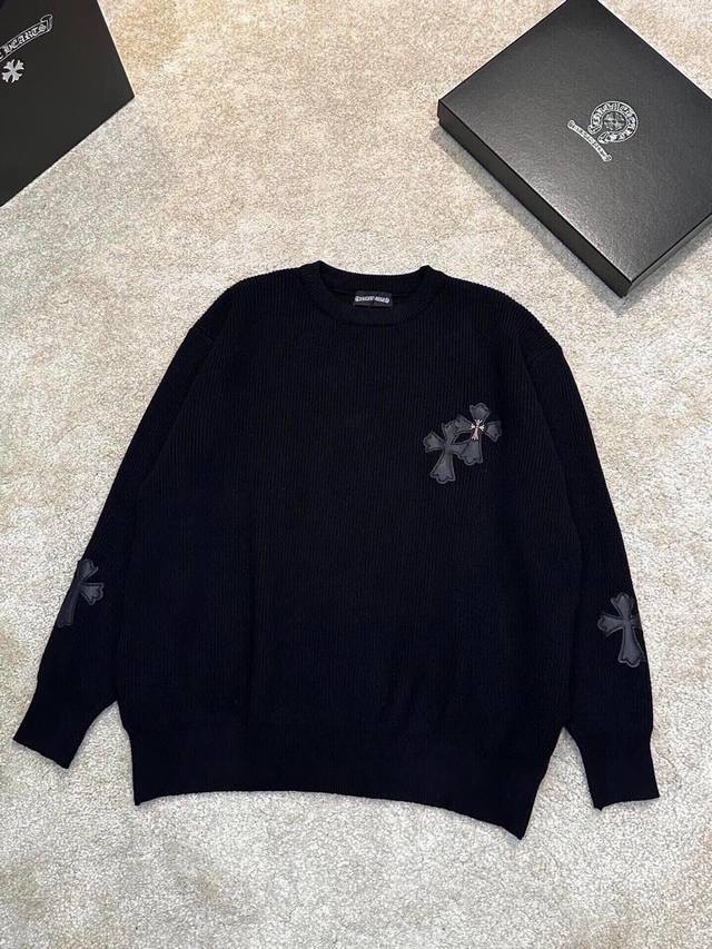 Ch Chrome Hearts, High-End Customization! Chunky Knit Crew Neck Sweater with Lea