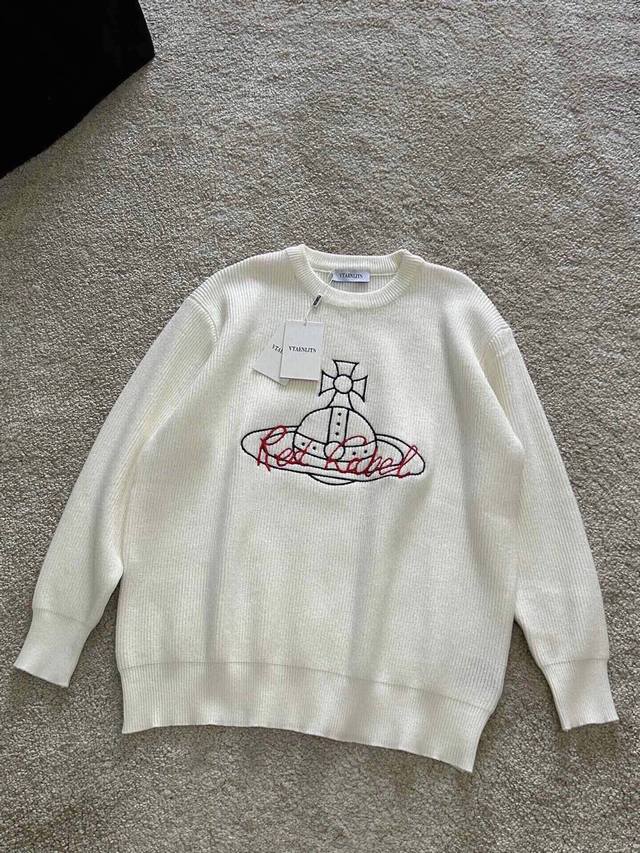 New Arrival Vv Vivienne Westwood 3D Embroidered Logo Pullover Crew Neck Sweater