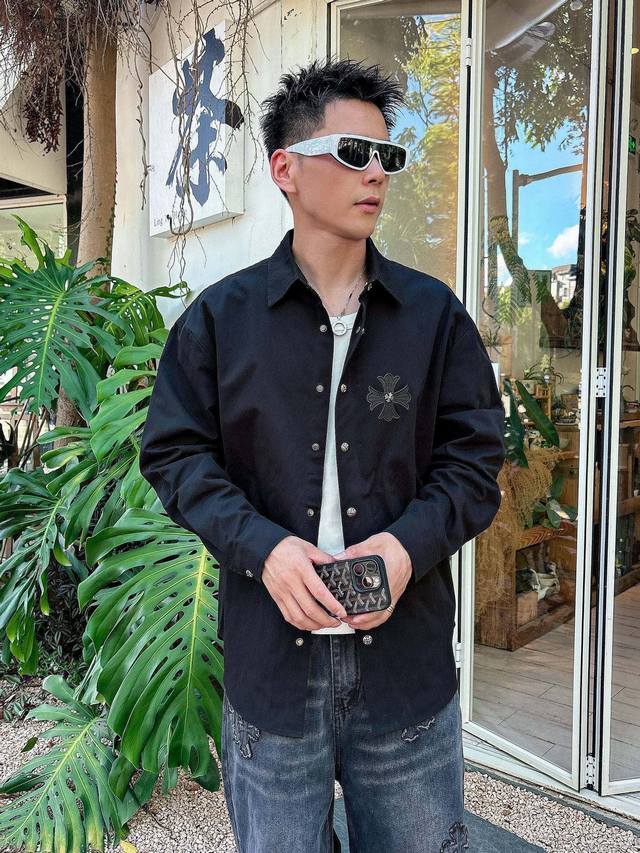 Chrome Hearts Leather Cross-Panel Embroidered Shirt Jacket, Os style, unisex! Ma