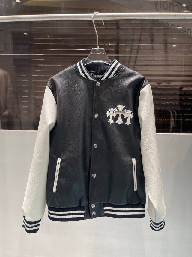 Jacket. Chrome Hearts new casual washed protein leather baseball jacket, custom-