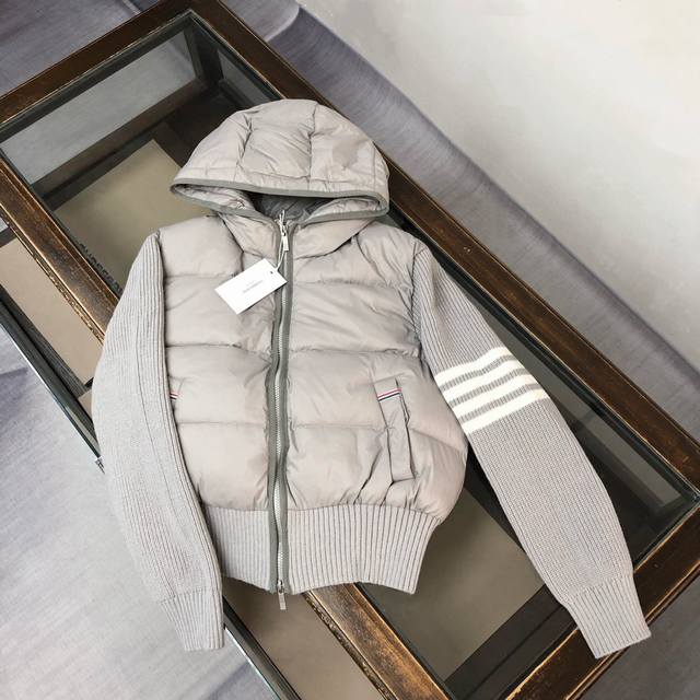 Tb25Fw Women's Short Knit Jacket with Four Stripes by Thom Brownett. Hooded 90%