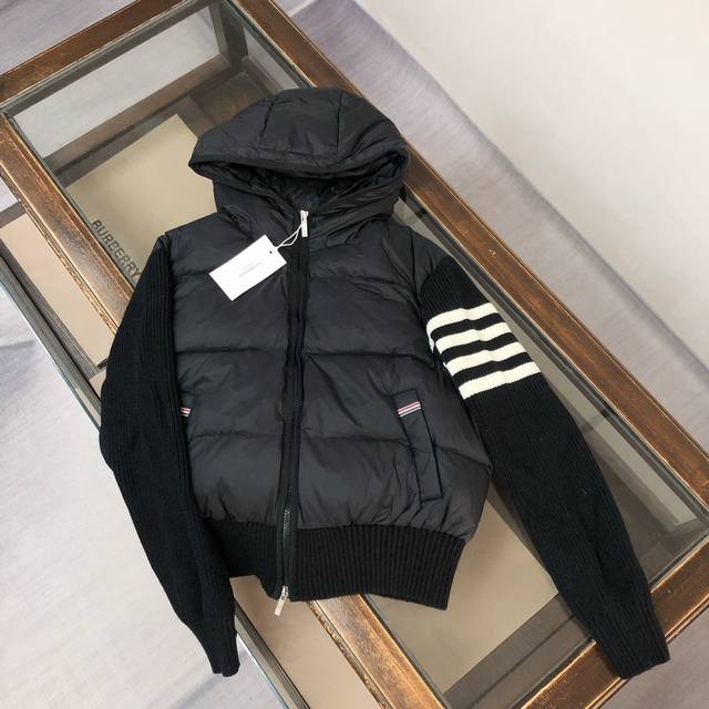 Tb25Fw Women's Short Knit Jacket with Four Stripes by Thom Brownett. Hooded 90%