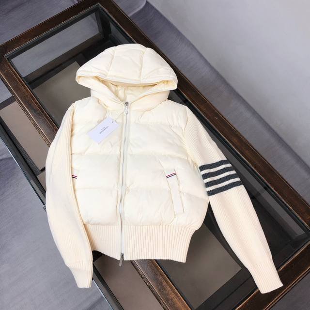 Tb25Fw Women's Short Knit Jacket with Four Stripes by Thom Brownett. Hooded 90%