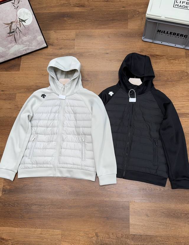 Descente Patchwork Hooded Down Jacket Colors: Black/Grey. Sizes M-4XL. Lightwei