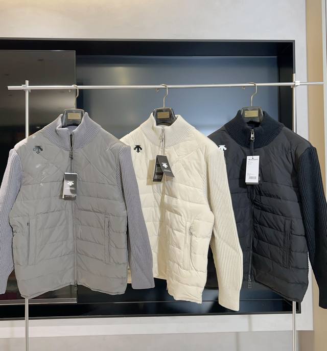 Controlled Knit Down Jacket Descente Sport Cotton Knitted Patchwork Stand Collar