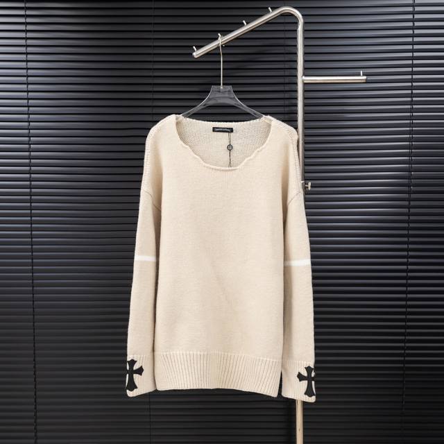 Style: Chrome Hearts Ch Cross Leather Label Distressed Frayed Edge Long Sweater