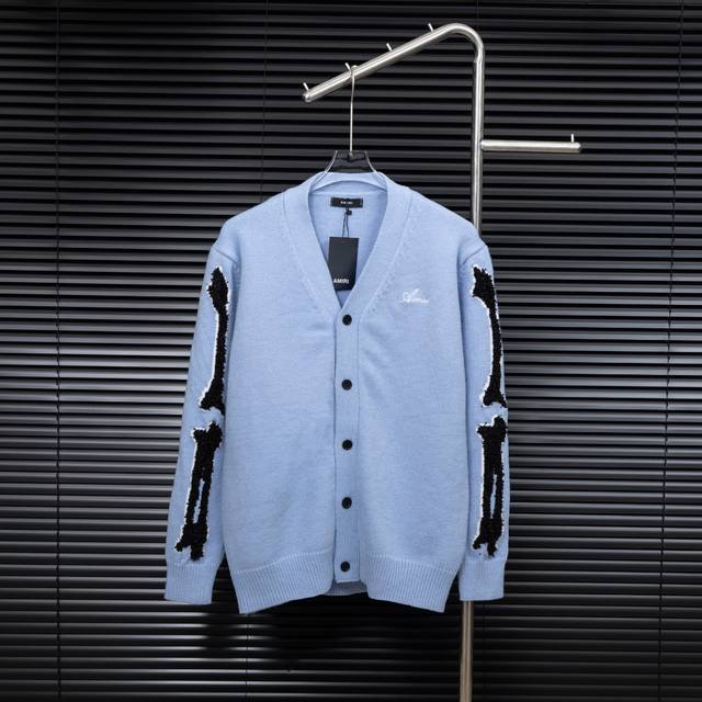 Style: Amiri Bone Patchwork Long-Sleeve Knit Cardigan Sizes: S-XL Fabric: Wool B