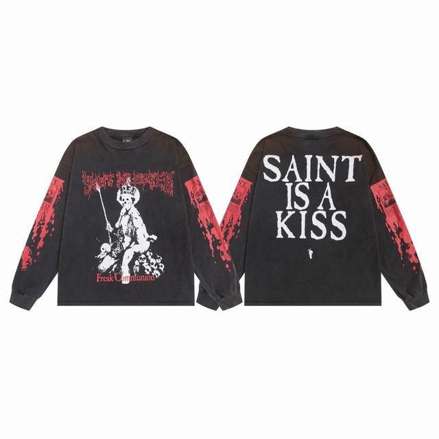 Saint Michael Retro Skull Throne Print Washed Distressed Base Layer Casual Loose