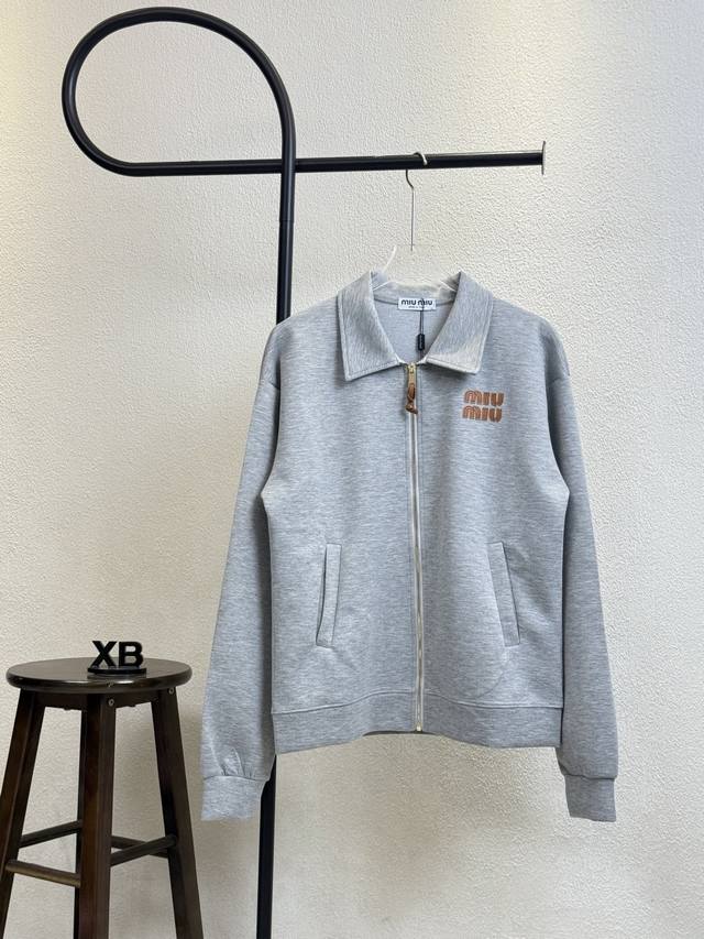 Style No. X307 Grey Miumiu Embroidered Polo Neck Sweatshirt with Leather Label o