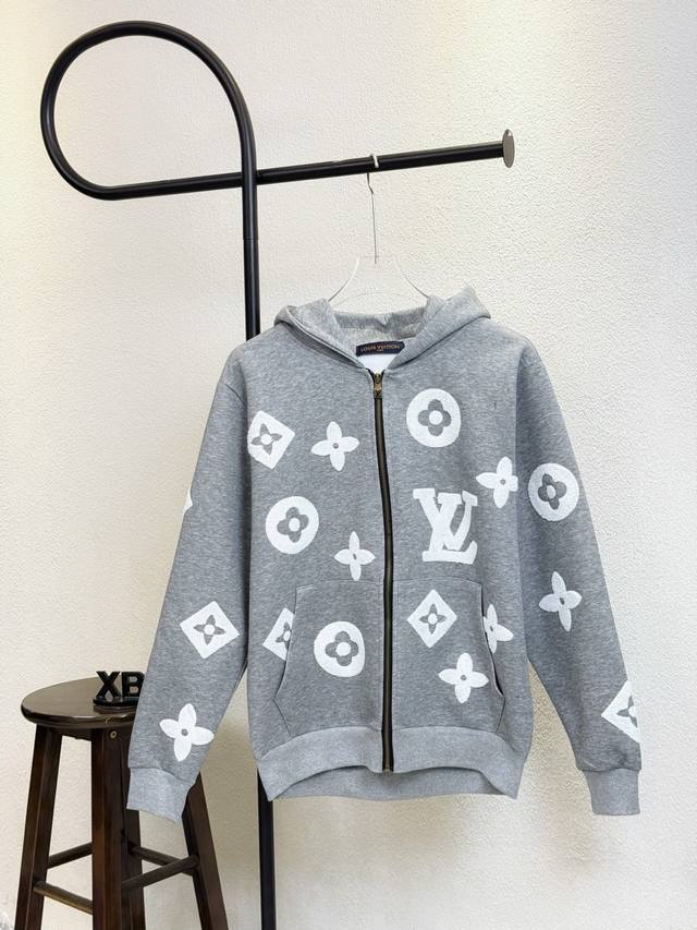 Style No. X305 Grey Louis Vuitton All-Over Logo Terry Embroidery Zipper Hooded J