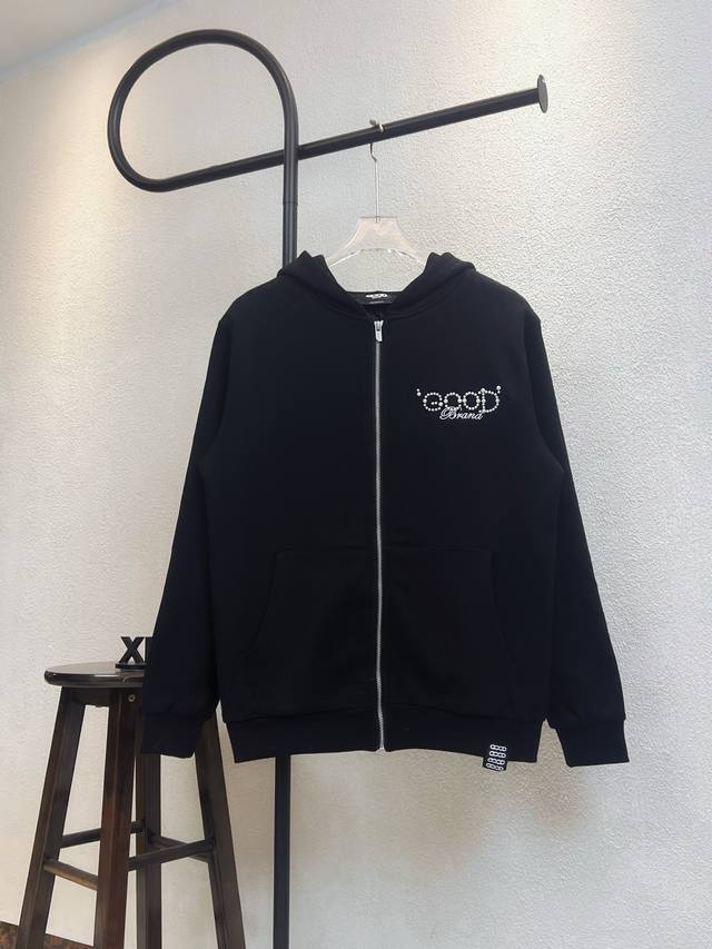 Style No. X301 Black Goodbrand Pearl Logo Slogan Letter Zipper Hooded Jacket. Ma