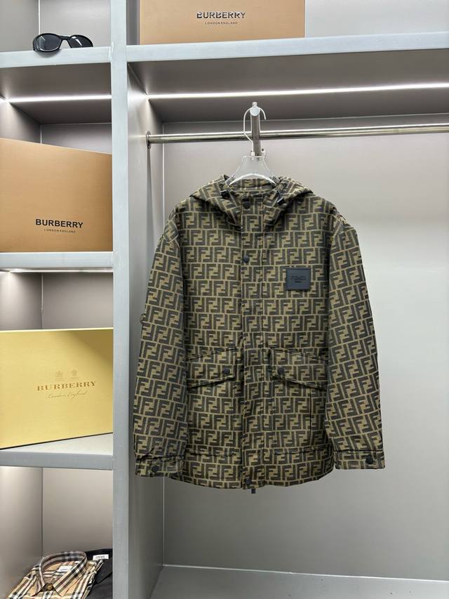 Fendi Ff Jacquard Hooded Light Cotton Jacket. Made with custom-made coffee-color