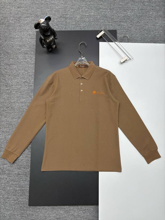 Loro Piana New Embroidered Long-Sleeve Polo Shirt. Made with 250g pure cotton pi