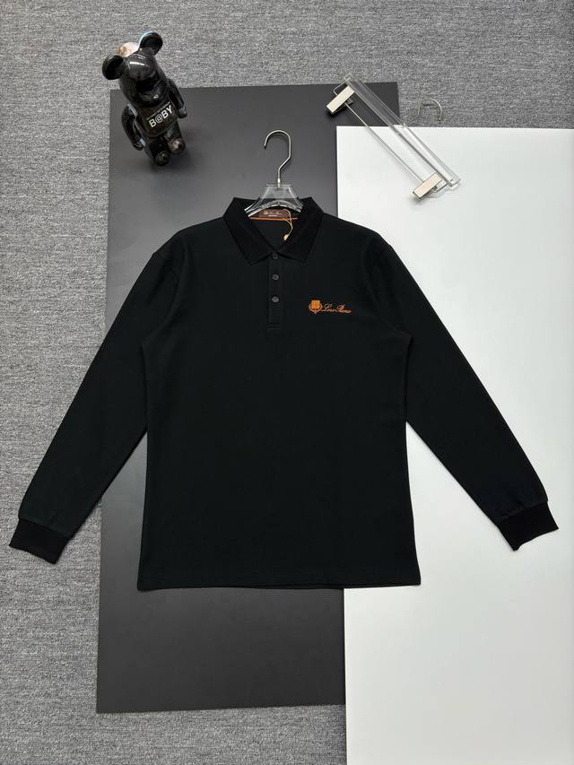 Loro Piana New Embroidered Long-Sleeve Polo Shirt. Made with 250g pure cotton pi