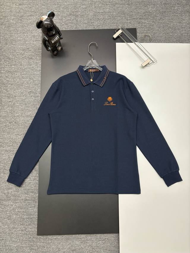 Loro Piana New Embroidered Long-Sleeve Polo Shirt. Made with 250g pure cotton pi