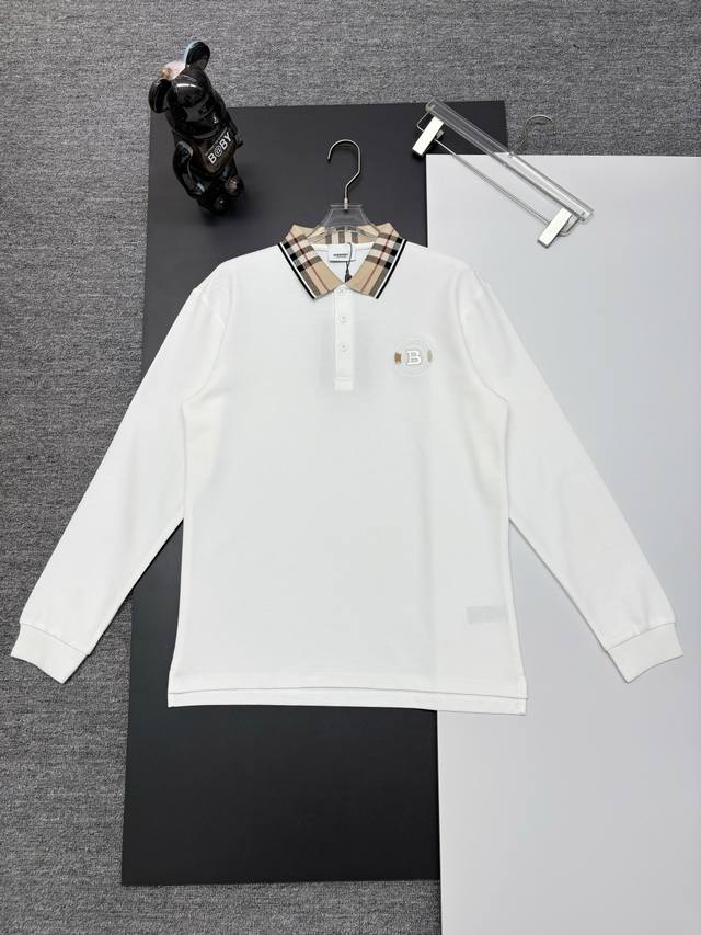 Burberry New Embroidered Check Collar Long-Sleeve Polo Shirt. Made with 250g pur