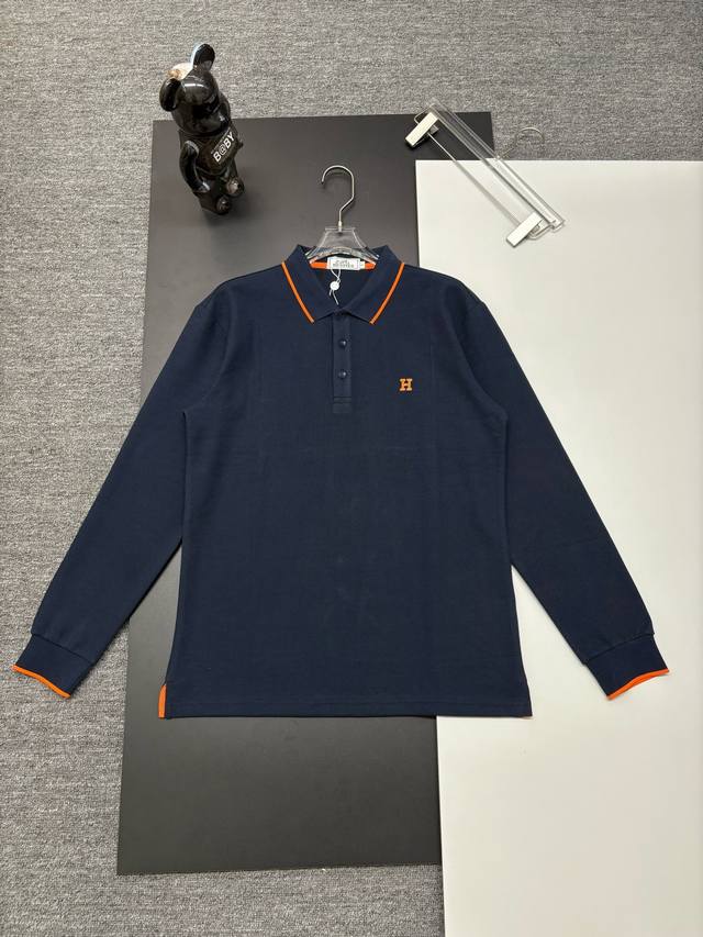 Hermes New Embroidered Long-Sleeve Polo Shirt. Made with 250g pure cotton pique