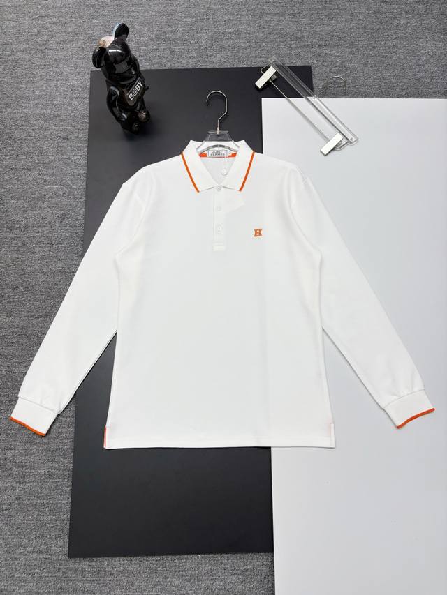 Hermes New Embroidered Long-Sleeve Polo Shirt. Made with 250g pure cotton pique